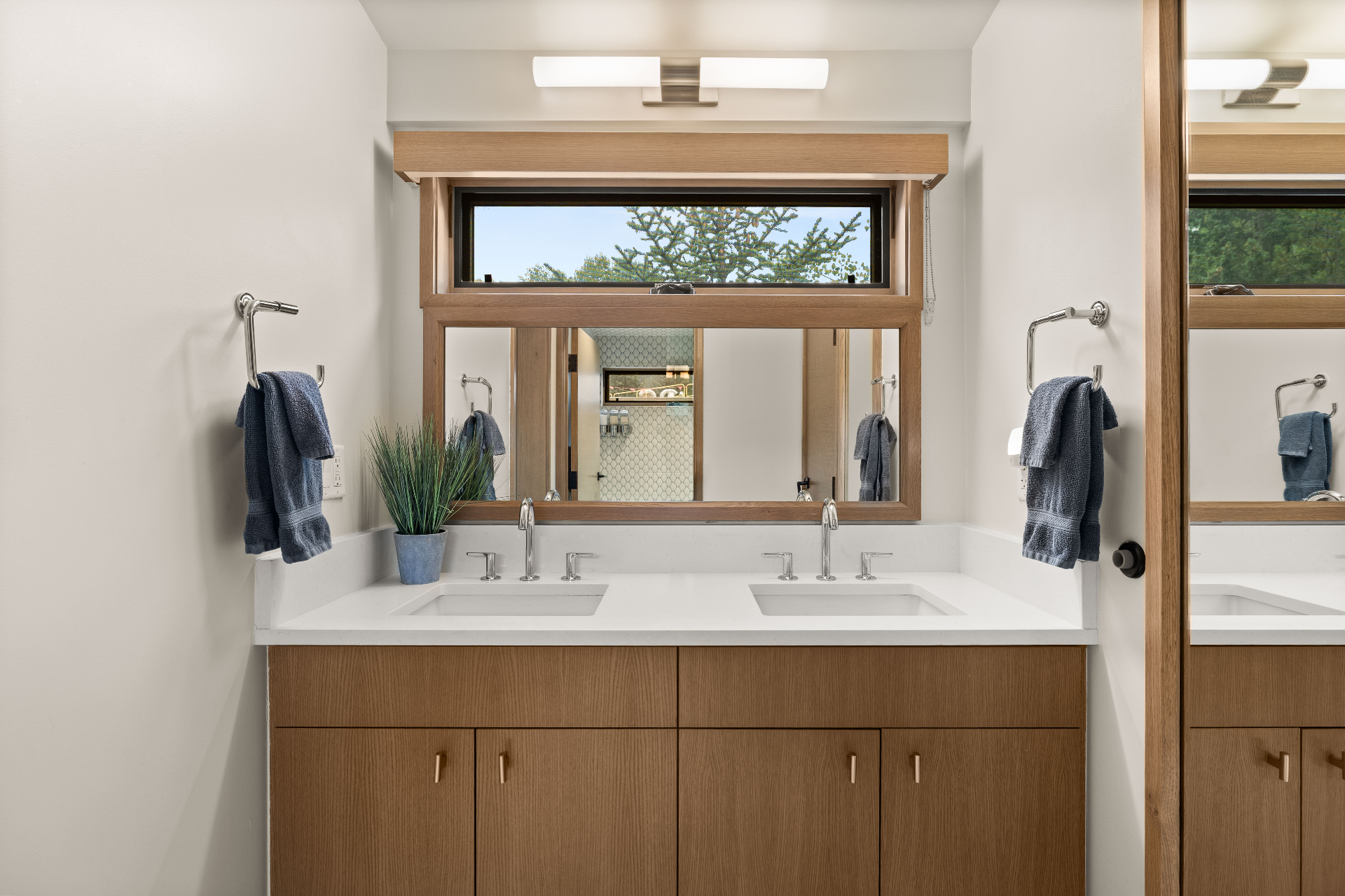 Double vanity bathroom with mountain views